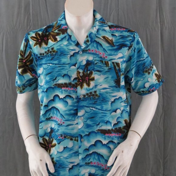 Vintage Hawaiian Aloha Shirt - Ocean Pattern with Neon Palm Trees - Men's Large - Picture 6 of 10